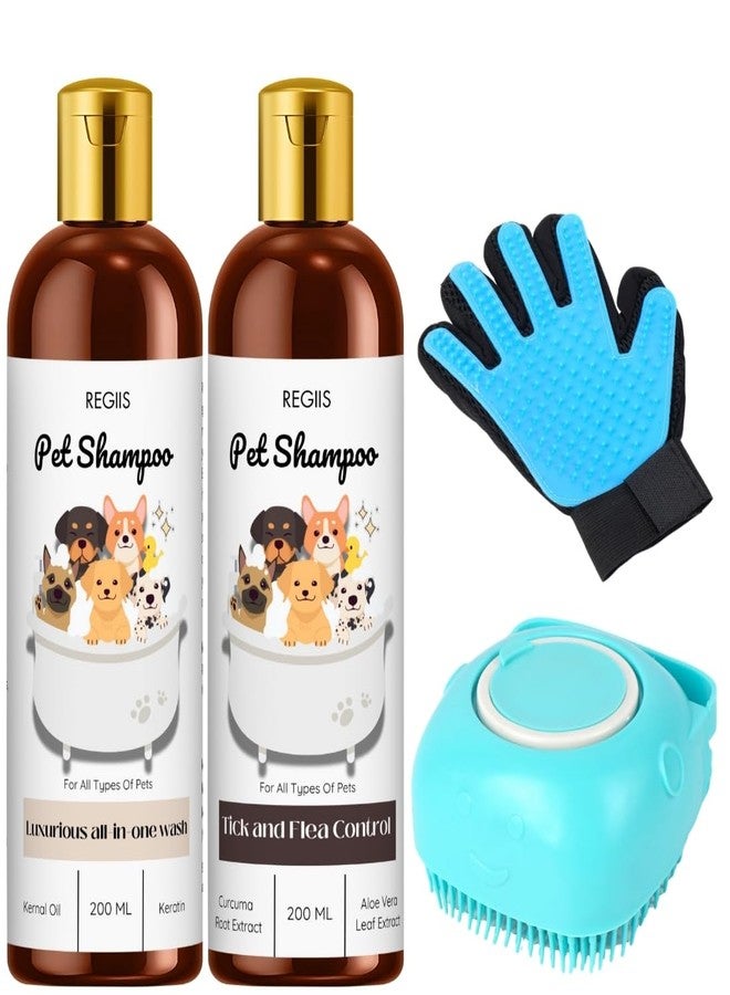 REGIIS Pet Grooming Set, 2 Pack Dog Shampoo with Keratin and Flea Control, Pet Grooming Glove, Silicone Brush, 200ml(4PACK) - Image 1